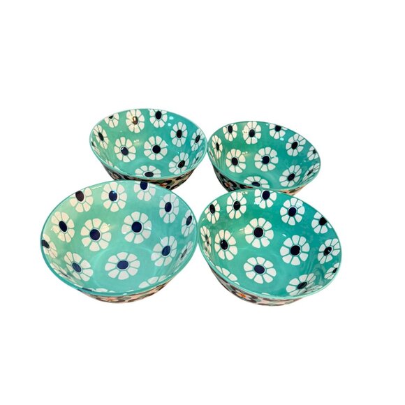 Retro Style Kitchen Bowls Set of 4 Flower Power All Purpose Blue Aqua Soup Salad - Picture 13 of 16